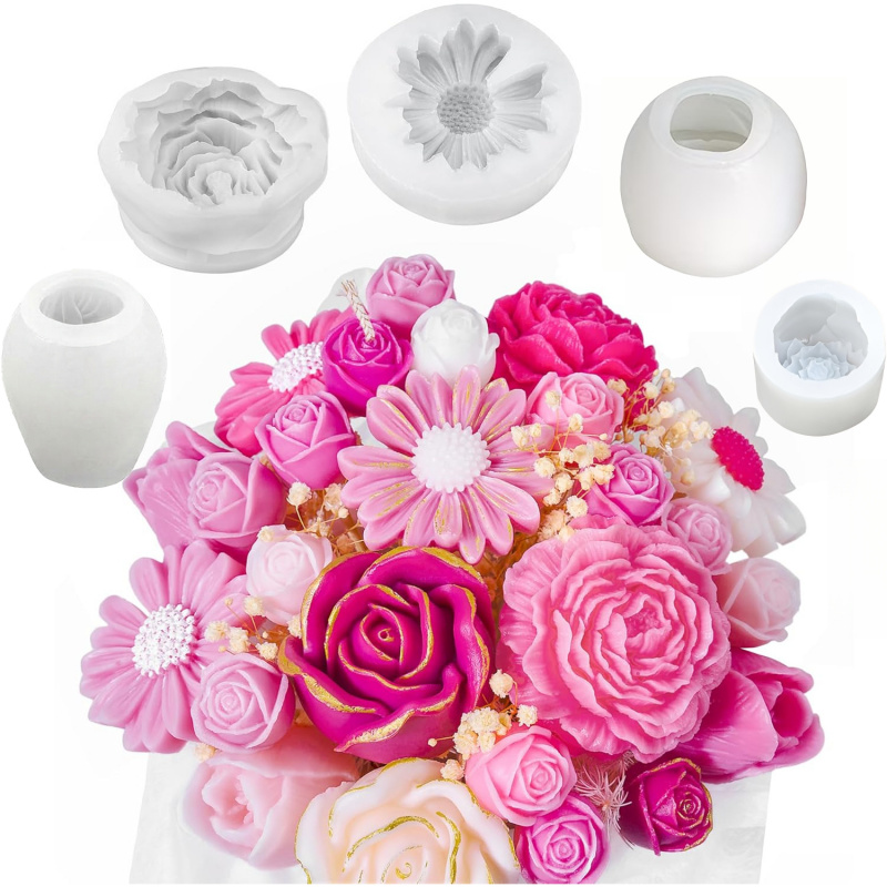 Candle Making Party - 5Flower Candle Mold Set，3D Floral silicone